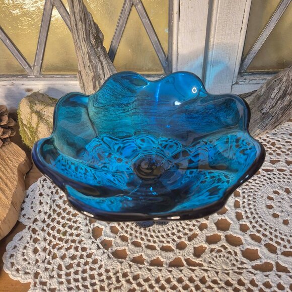 VIKING Vintage Blue Glass Pedestal Bowl - Picture 6 of 11